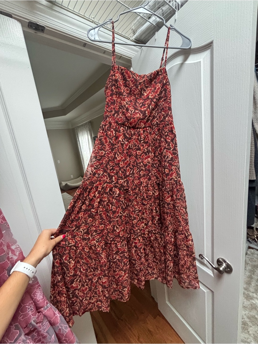 Lulu's Rust Floral Tiered Midi Dress with Spaghetti Straps